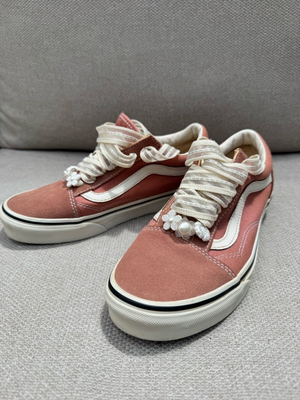 Vans Old Skool Peach Pink Suede Sneakers 7.5 | Ribbon Laces + Pearl Charm Detail